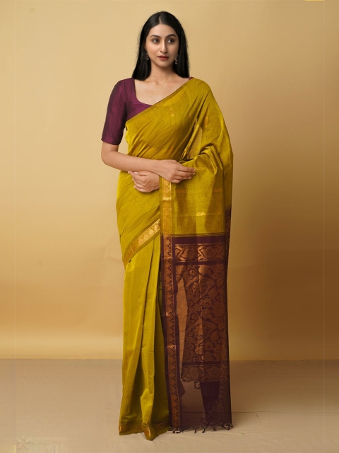 

Unnati Silks Green & Copper-Toned Woven Design Zari Pure Cotton Venkatgiri Saree
