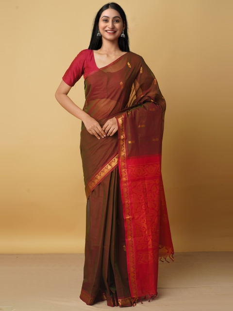 

Unnati Silks Brown & Red Woven Design Zari Pure Cotton Venkatgiri Saree