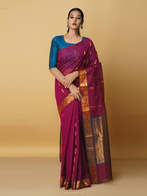 

Unnati Silks Purple & Blue Woven Design Zari Pure Cotton Gadwal Saree