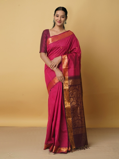 

Unnati Silks Pink & Brown Woven Design Zari Pure Cotton Gadwal Saree