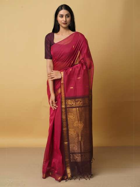 

Unnati Silks Pink & Coffee Brown Ethnic Motifs Zari Pure Cotton Venkatgiri Saree