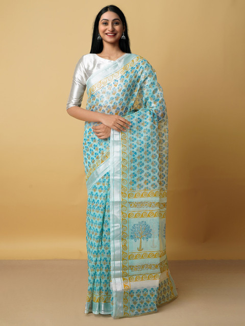 

Unnati Silks Blue & Yellow Floral Zari Pure Cotton Kota Saree