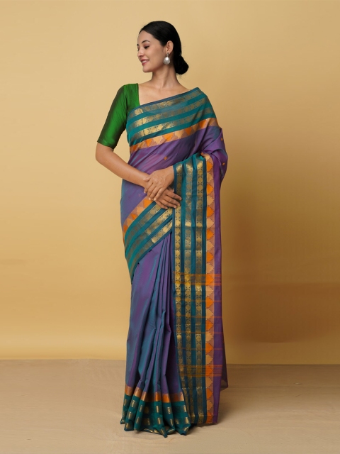 

Unnati Silks Purple & Green Woven Design Pure Cotton Kanjeevaram Saree