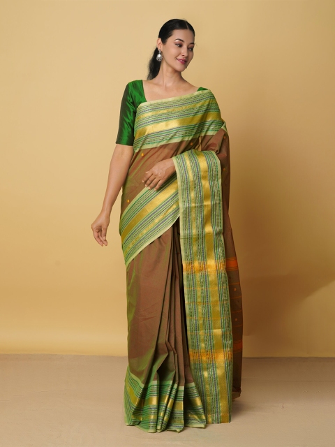 

Unnati Silks Brown & Green Zari Pure Cotton Kanjeevaram Saree