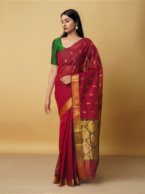 

Unnati Silks Maroon & Gold-Toned Woven Design Zari Pure Cotton Gadwal Saree