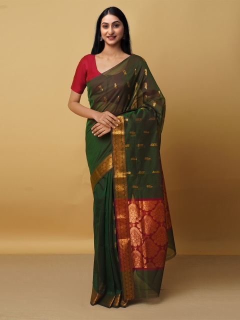 

Unnati Silks Green & Maroon Ethnic Motifs Zari Pure Cotton Gadwal Saree