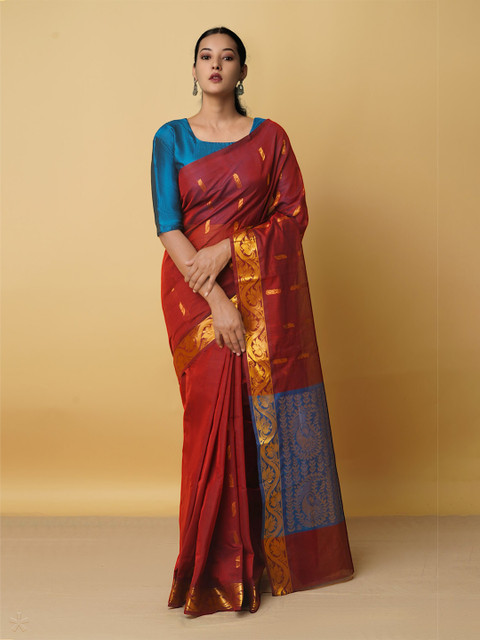 

Unnati Silks Maroon & Blue Woven Design Zari Pure Cotton Gadwal Saree