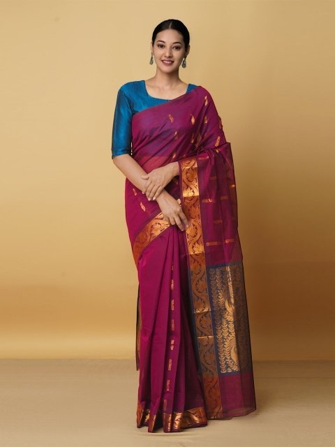 

Unnati Silks Purple & Blue Ethnic Motifs Zari Pure Cotton Gadwal Saree