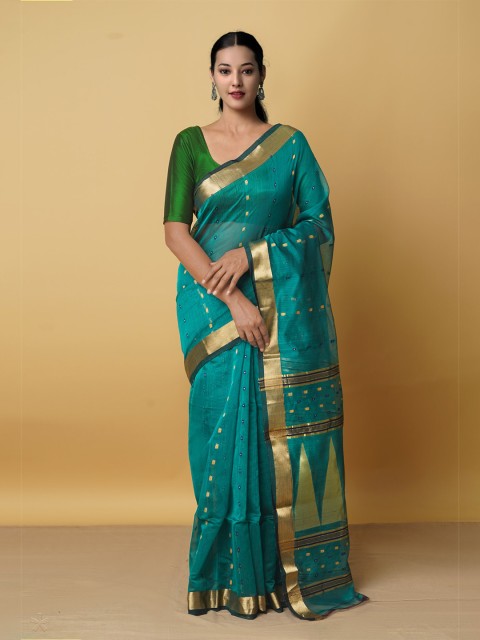 

Unnati Silks Green & Gold-Toned Woven Design Zari Silk Cotton Maheshwari Saree