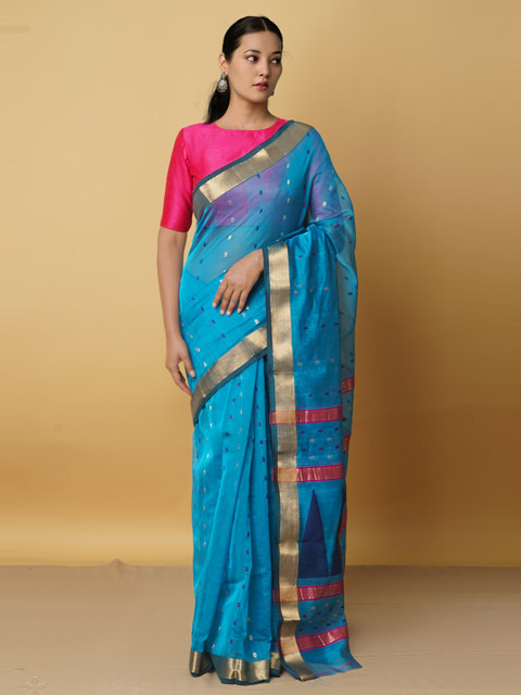 

Unnati Silks Blue & Gold-Toned Woven Design Zari Silk Cotton Maheshwari Saree