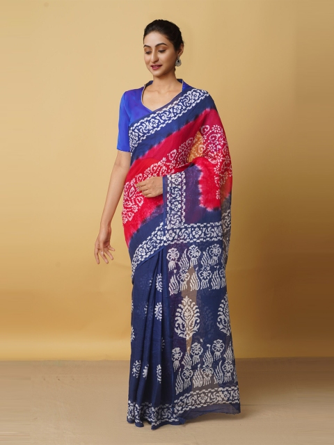 

Unnati Silks Pink & Navy Blue Batik Pure Cotton Kota Saree