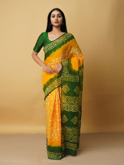 

Unnati Silks Orange & Green Batik Pure Cotton Kota Saree