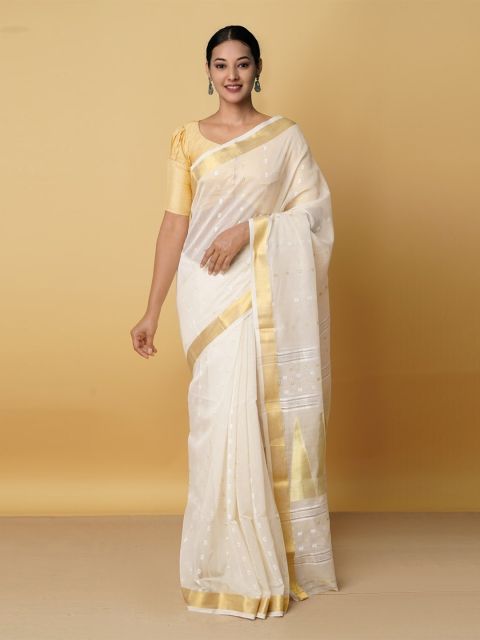 

Unnati Silks Cream-Coloured & Gold-Toned Zari Silk Cotton Handloom Maheshwari Saree