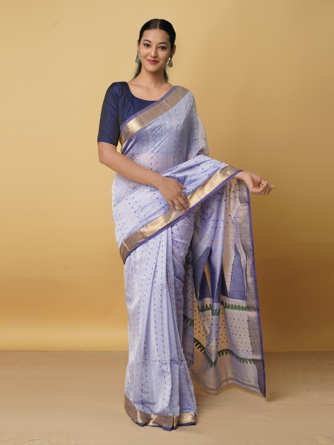 

Unnati Silks Blue & Gold-Toned Woven Design Zari Silk Cotton Maheshwari Saree