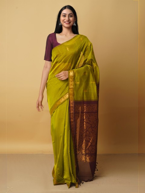 

Unnati Silks Green & Purple Zari Pure Cotton Handloom Venkatgiri Saree