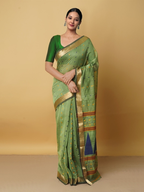 

Unnati Silks Green & Blue Woven Design Zari Silk Cotton Maheshwari Saree