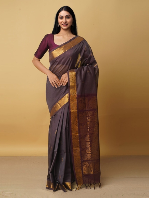 

Unnati Silks Coffee Brown & Gold-Toned Woven Design Zari Pure Cotton Gadwal Saree