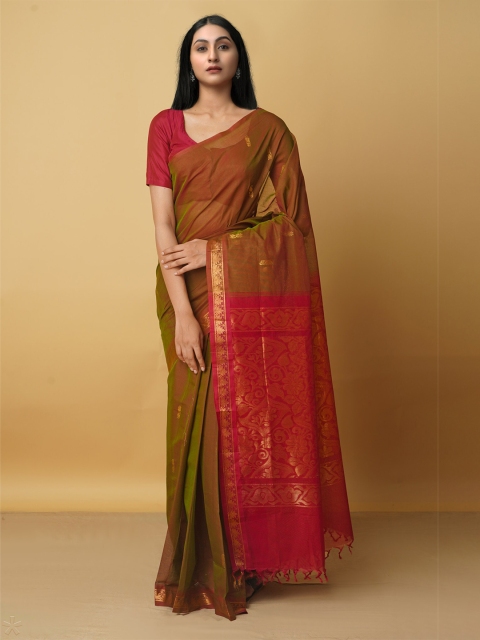 

Unnati Silks Green & Red Ethnic Motifs Zari Pure Cotton Venkatgiri Saree