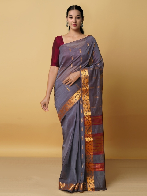 

Unnati Silks Grey & Brown Woven Design Zari Pure Cotton Gadwal Saree