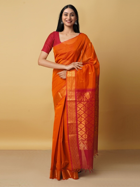 

Unnati Silks Orange & Red Ethnic Motifs Zari Pure Cotton Gadwal Saree