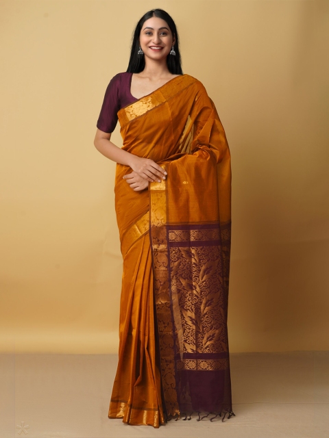 

Unnati Silks Orange & Brown Woven Design Zari Pure Cotton Gadwal Saree