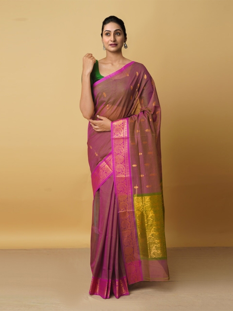 

Unnati Silks Green & Purple Ethnic Motifs Zari Pure Cotton Gadwal Saree