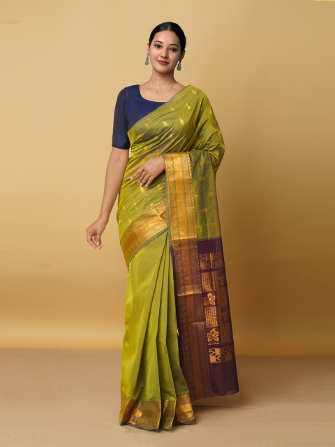 

Unnati Silks Green & Brown Woven Design Zari Pure Cotton Gadwal Saree