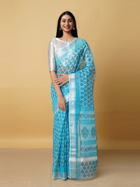 

Unnati Silks Blue & Silver-Toned Floral Zari Pure Cotton Kota Saree