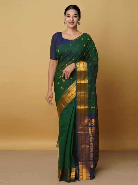 

Unnati Silks Green & Gold-Toned Ethnic Motifs Zari Pure Cotton Gadwal Saree