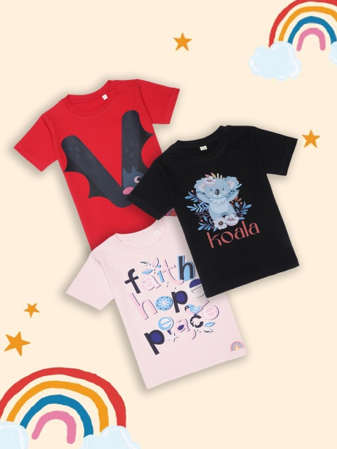 

Tossido Kids Set Of 3 Printed Red & Black Pure Cotton T-shirts