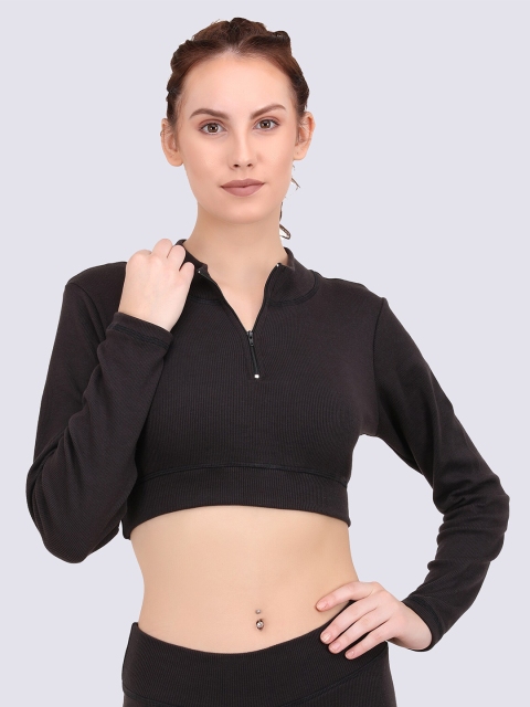 

EVERDION Women Black Mandarin Collar Zip Front Pure Cotton Crop Top