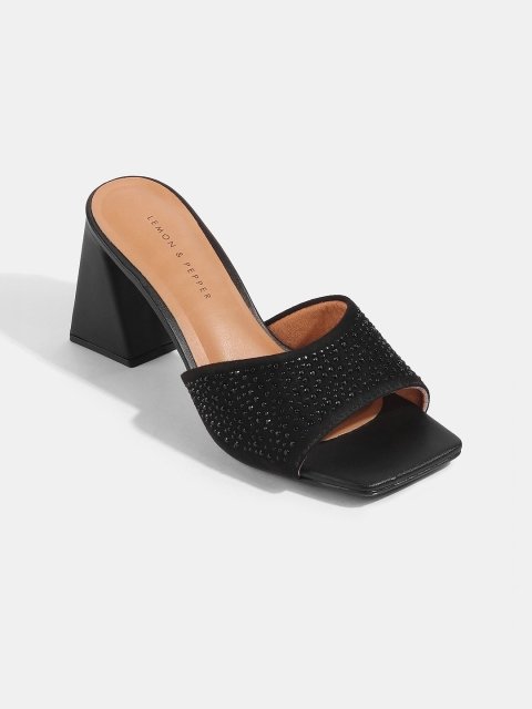 

LEMON & PEPPER Women Black & Beige Embellished Block Heels