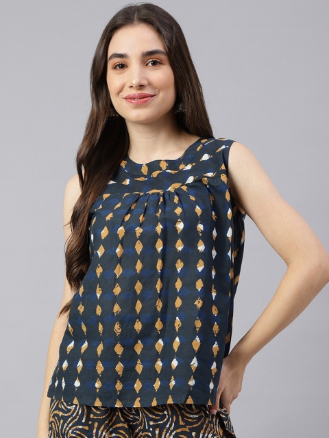 

DECKEDUP Blue Pure Cotton Print Top