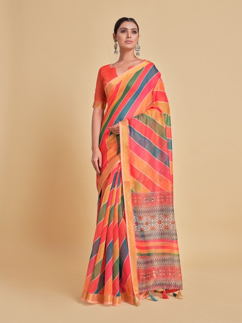 

all about you Orange & Green Striped Pure Cotton Saree