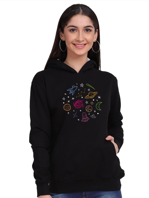 

Mad Over Print Women Black Printed Hooded Sweatshirt