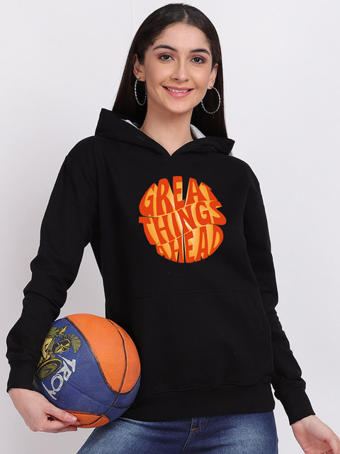

Mad Over Print Women Black Printed Hooded Sweatshirt