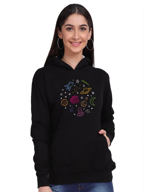 

Mad Over Print Women Black Printed Hooded Sweatshirt