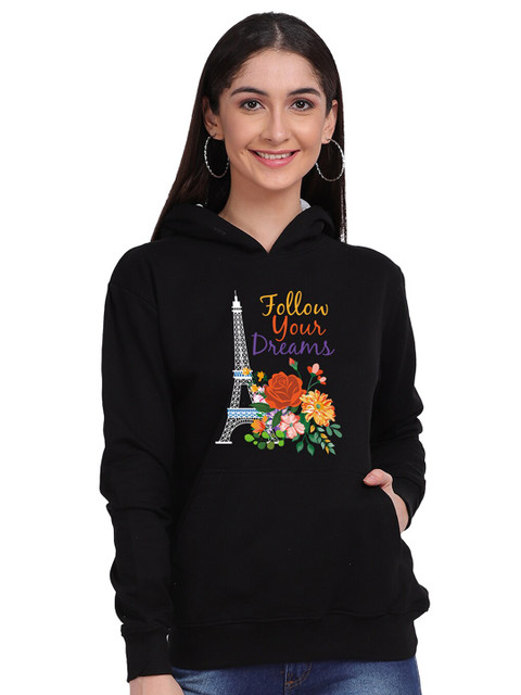 

Mad Over Print Women Black Printed Hooded Sweatshirt