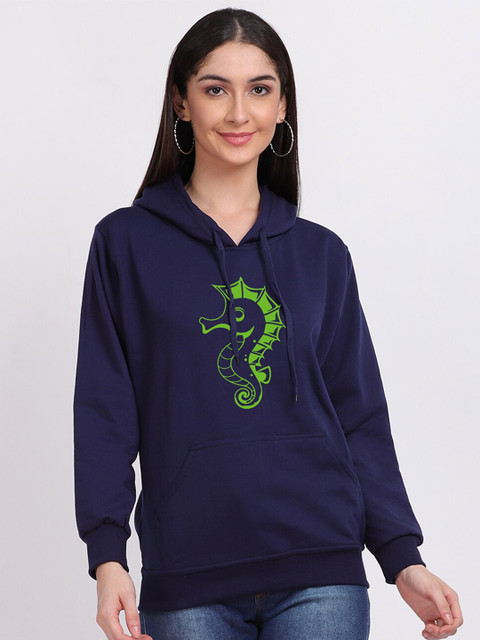 

Mad Over Print Women Navy Blue Printed Hooded Sweatshirt