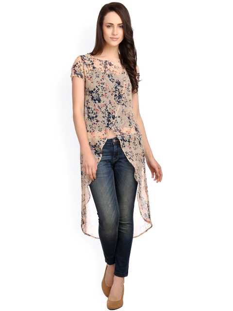 

Alom Women Beige Floral Print Semi-Sheer High-Low Top