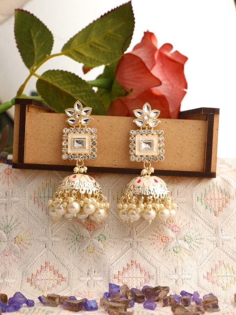 

Vita Bella Cream-Coloured Gold-Plated Dome Shaped Jhumkas Earrings