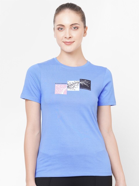 

LAASA SPORTS Women Blue Typography Printed Cotton T-shirt