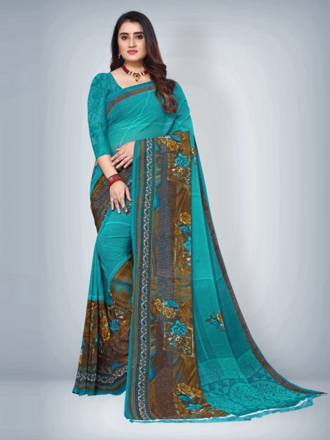 

Abhilasha Turquoise Blue & Brown Floral Pure Georgette Saree