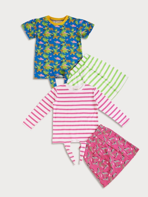 

frangipani Girls Set of 2 Blue & Pink Printed Pure Cotton T-shirt with Skirt