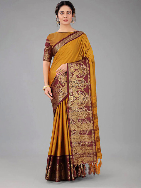

Paramparik Textile Mustard & Brown Zari Pure Silk Dharmavaram Saree