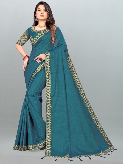 

TEREZA Teal & Gold-Toned Floral Embroidered Silk Blend Saree