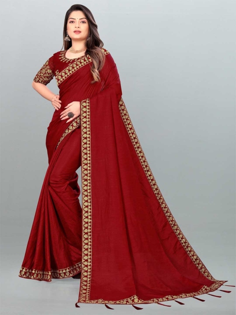 

TEREZA Maroon & Gold-Toned Floral Embroidered Silk Blend Saree