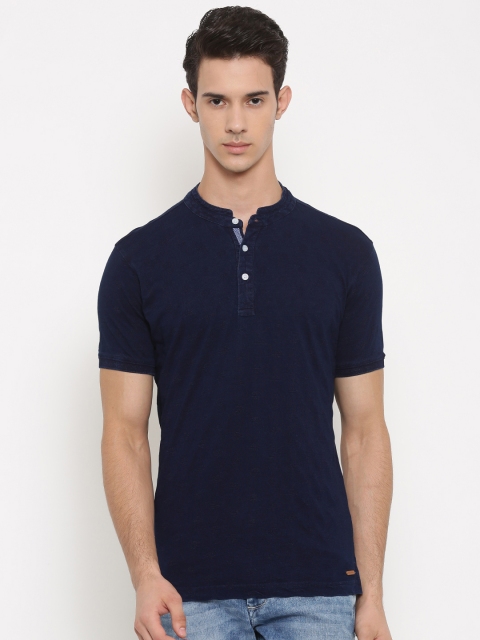 

Park Avenue Men Navy Blue Self Design Henley Neck T-shirt