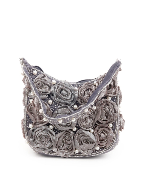

ODETTE Grey Textured PU Floral Embellished Handheld Bag