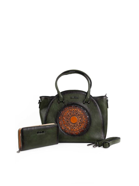 

ODETTE Brown Printed PU Half Moon Handheld Bag with Applique
